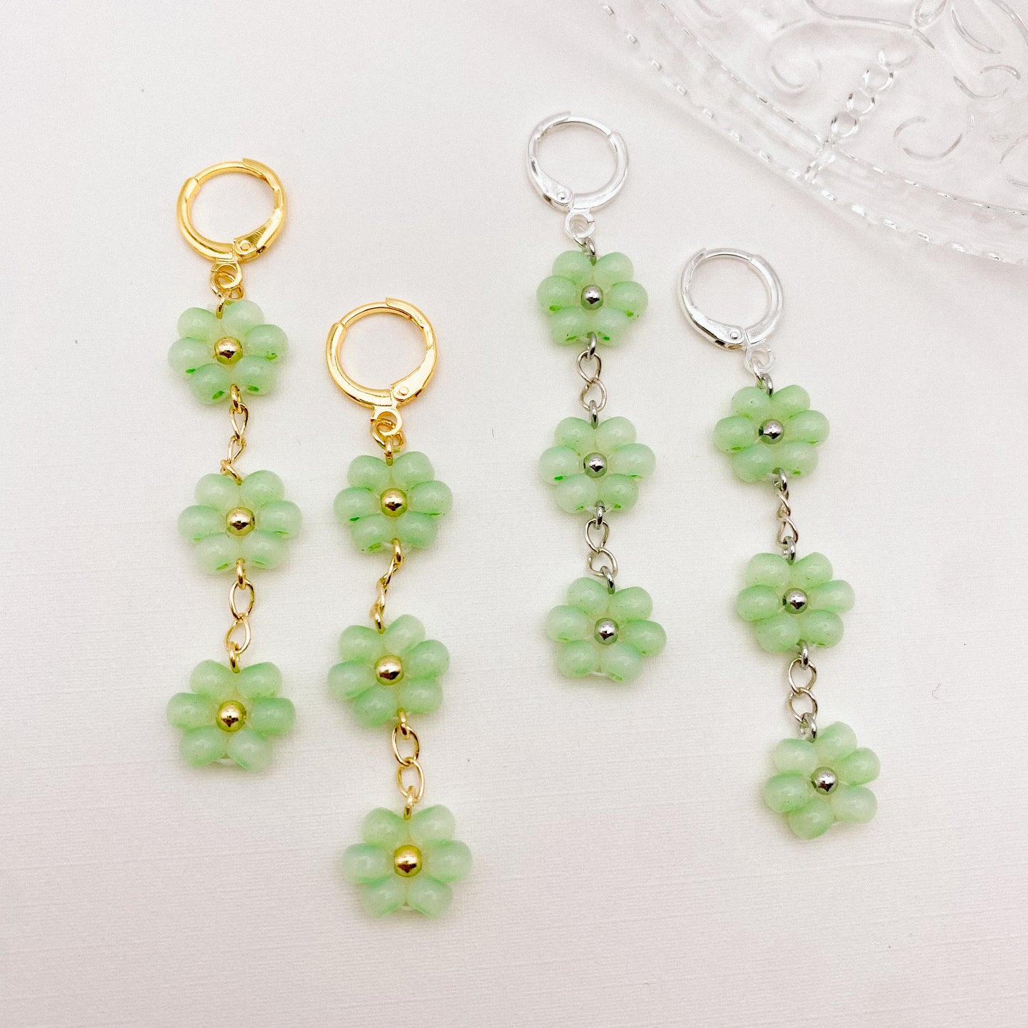Light Green Floral Beaded Huggies