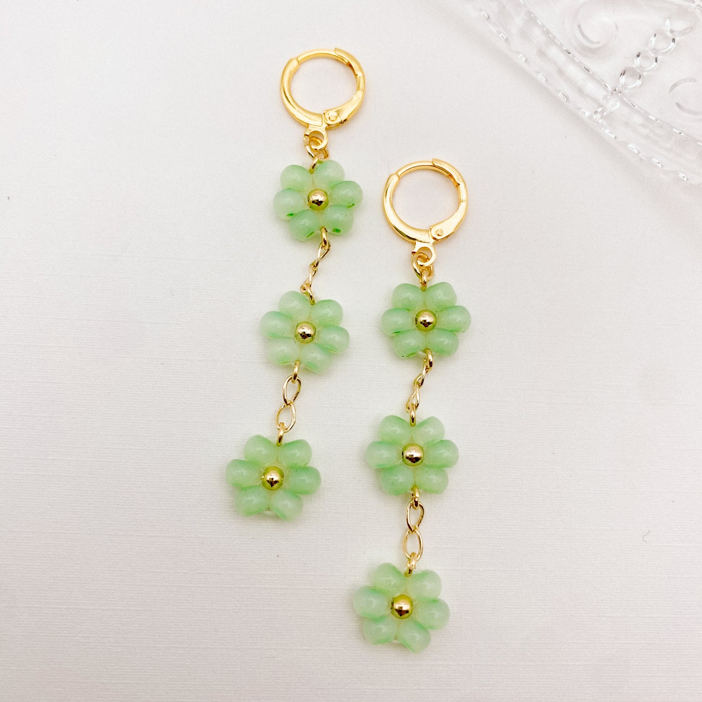 Light Green Floral Beaded Huggies