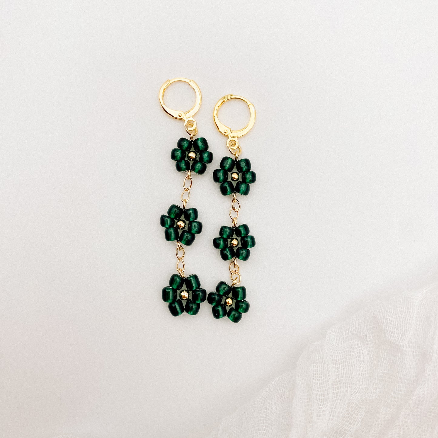 Emerald Floral Beaded Huggies
