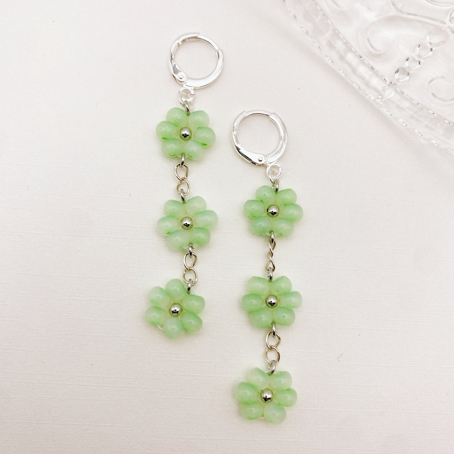 Light Green Floral Beaded Huggies
