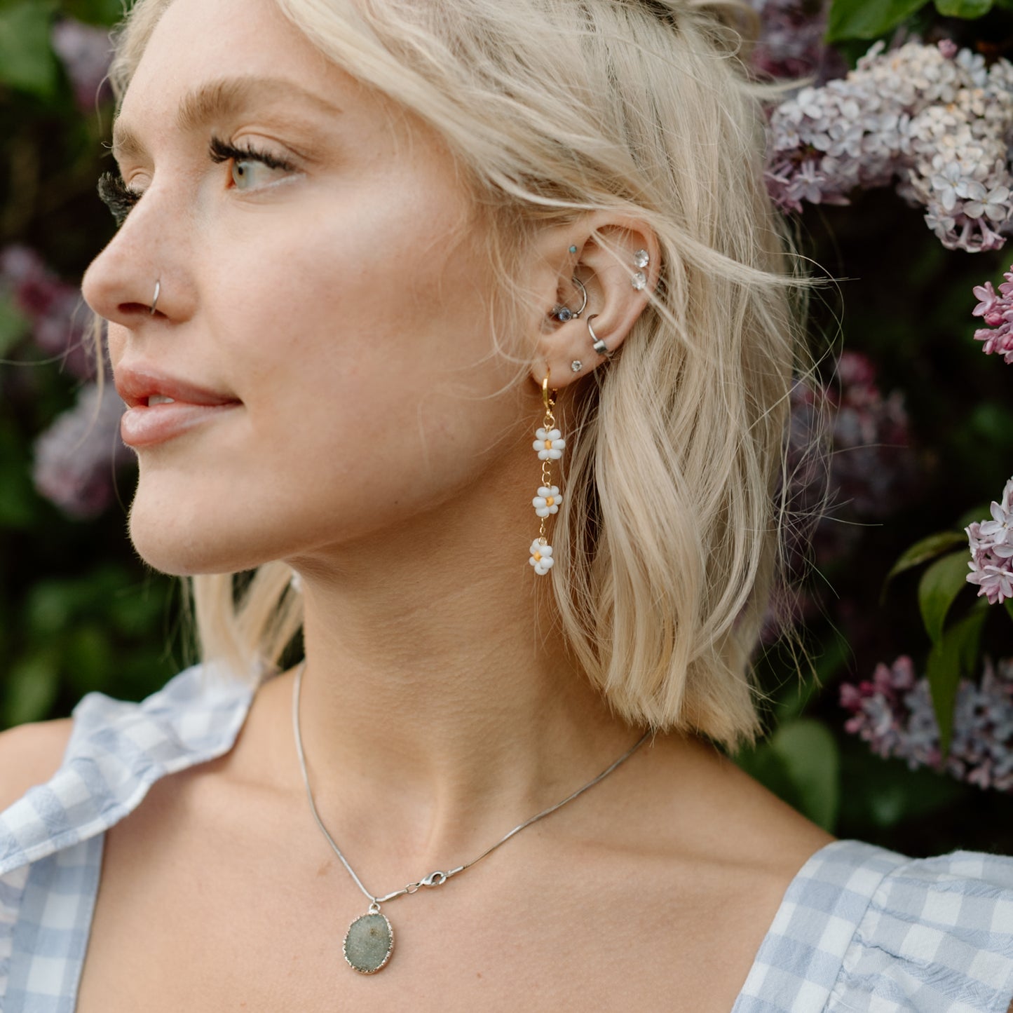 Speckled Blue Beaded Flower Huggies