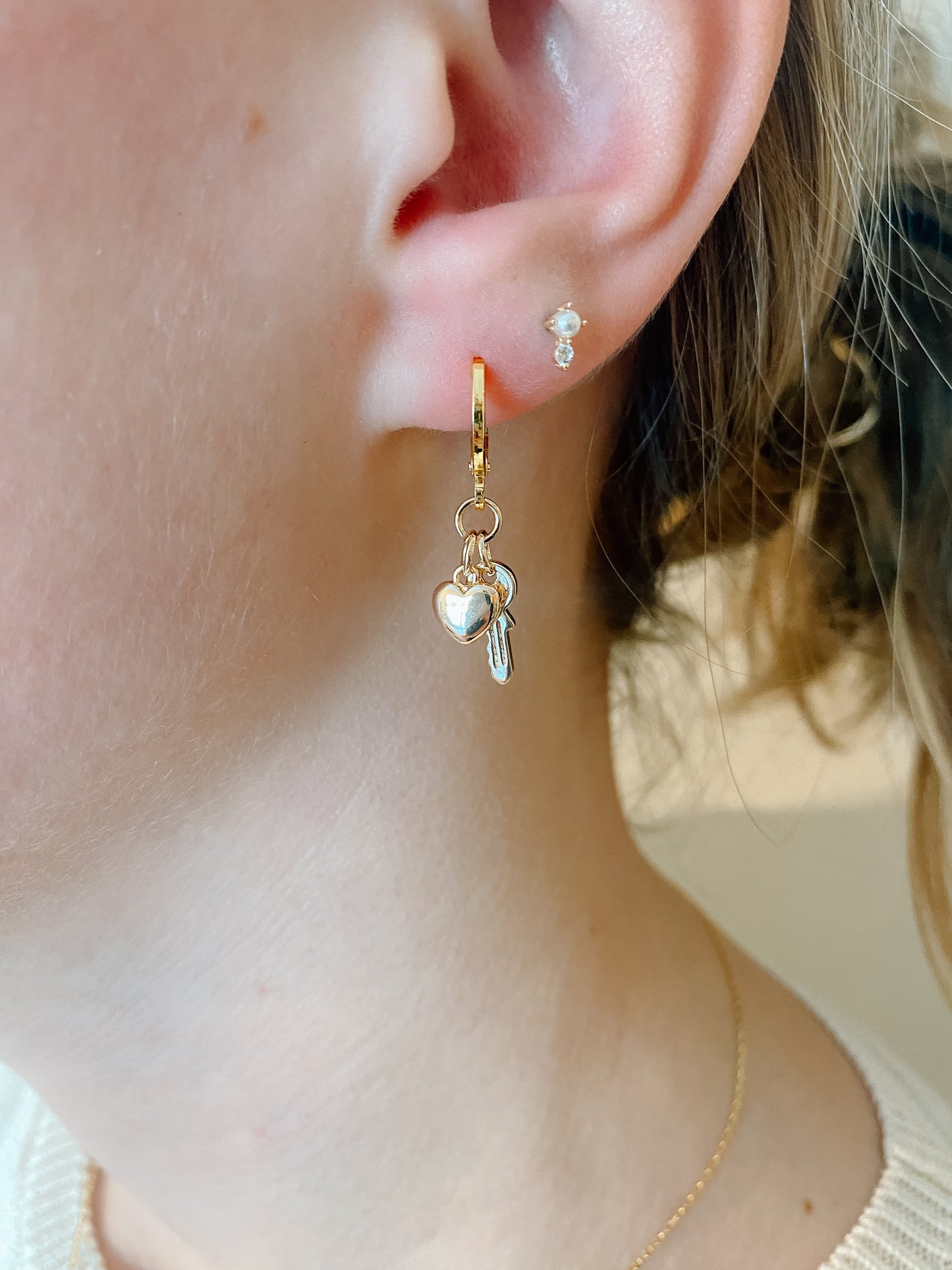 Tiny Heart & Key Huggies