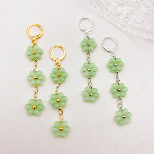 Light Green Floral Beaded Huggies