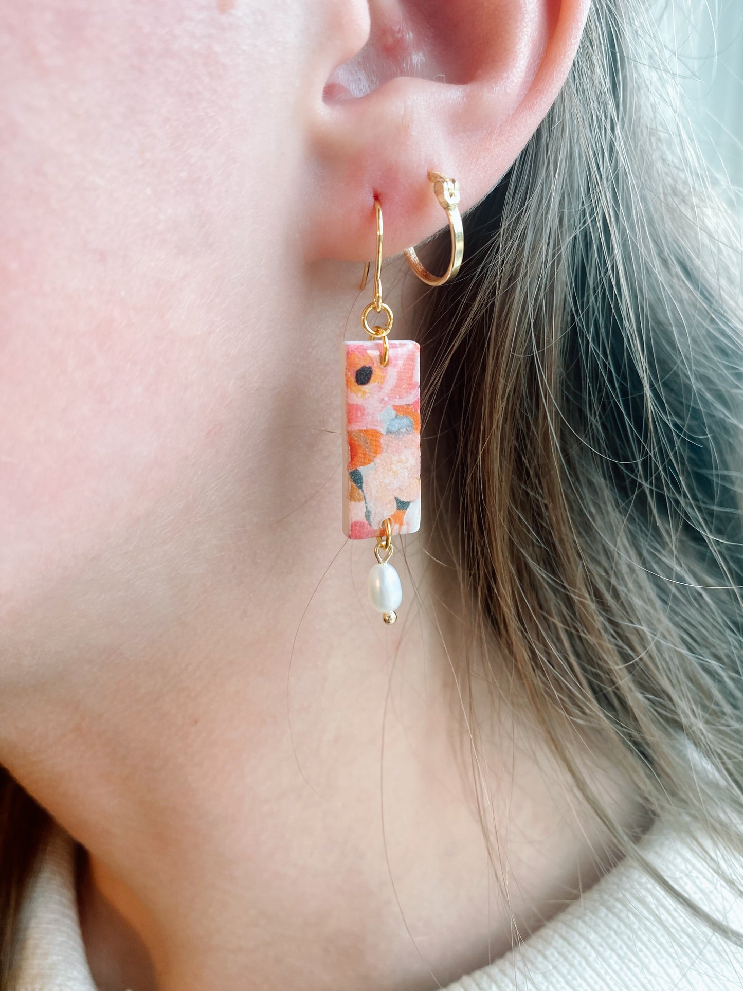 Orange Floral Bar Earrings