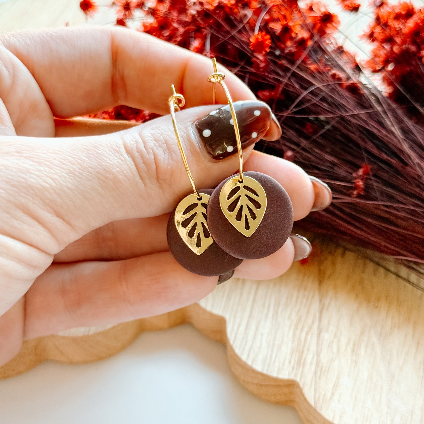 Maroon Leaf Hoops