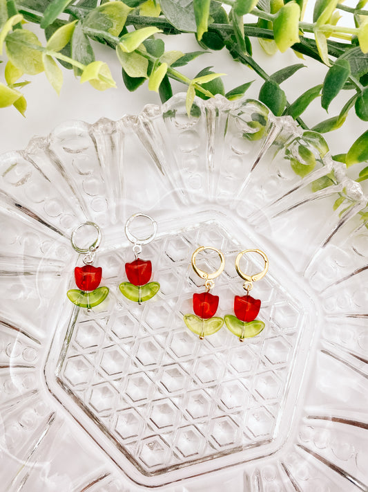 Red Beaded Tulip Huggies