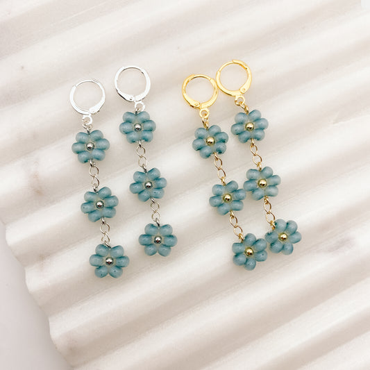 Speckled Blue Beaded Flower Huggies