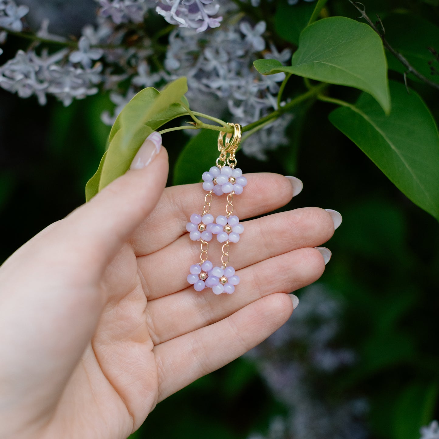 Purple Floral Beaded Huggies